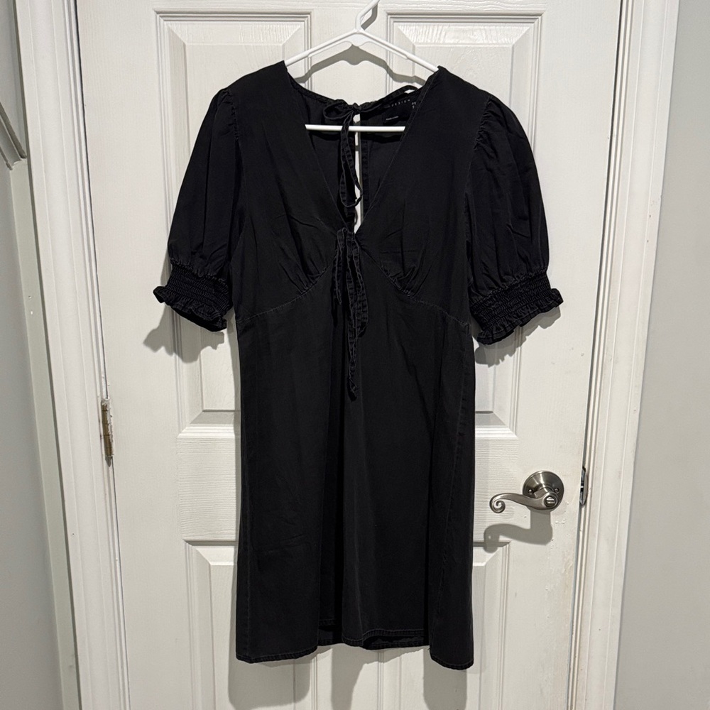 Denim Black Short Puff Sleeve Tie-Front Dress